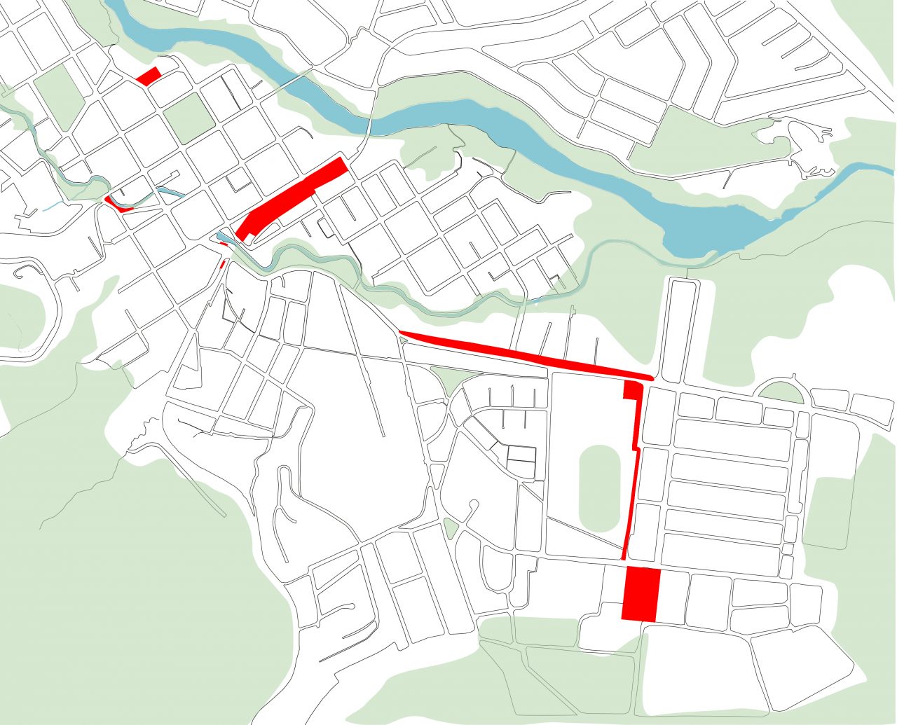 Vista del plan urbano de Turrialba con espacios públicos y ciclovía integrada al paisaje.