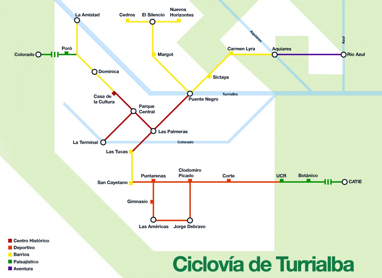 Vista del plan urbano de Turrialba con espacios públicos y ciclovía integrada al paisaje.