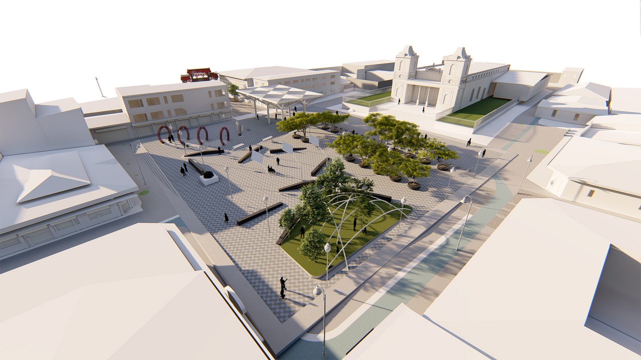Vista de la Plaza de las Artes en San José con bancas, árboles y cubierta urbana.