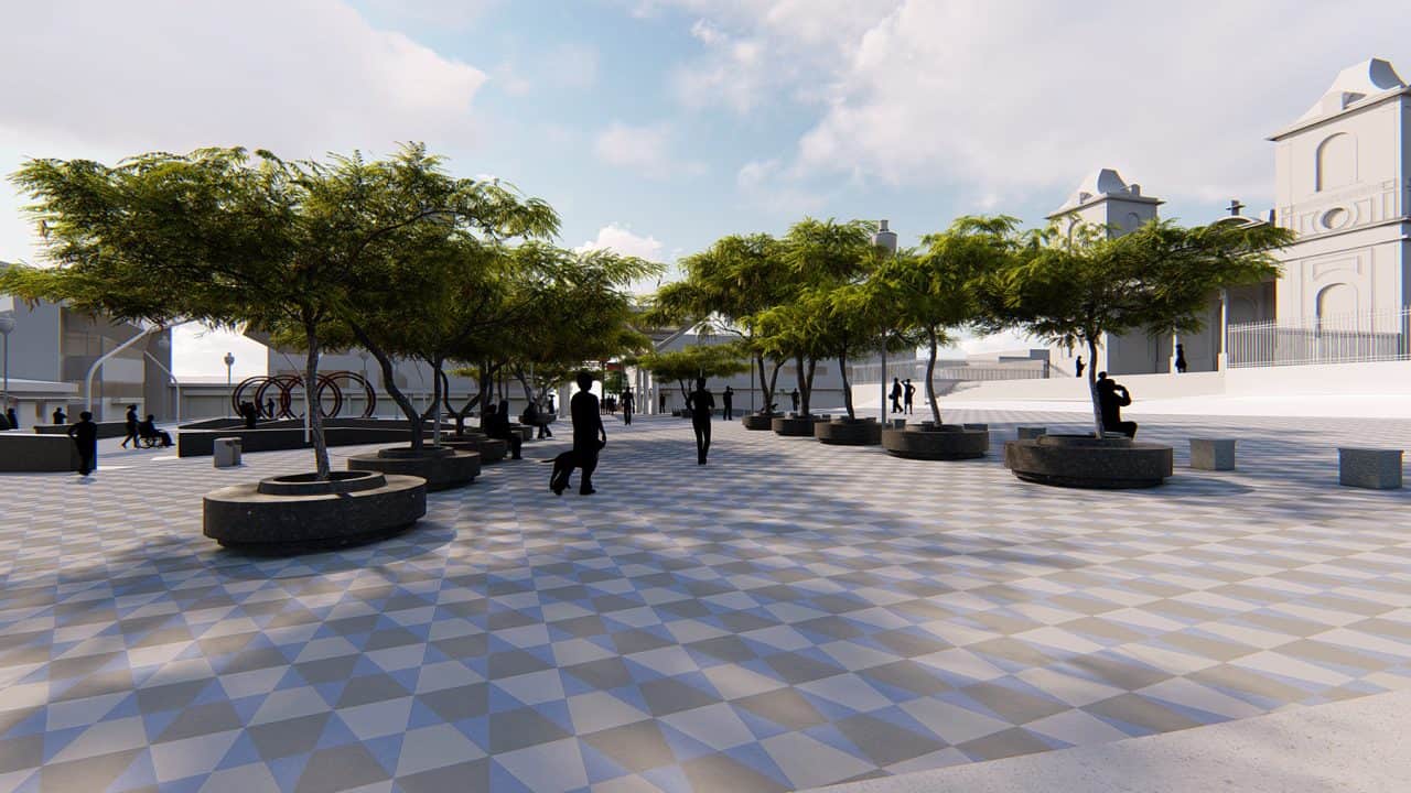 Vista de la Plaza de las Artes en San José con bancas, árboles y cubierta urbana.