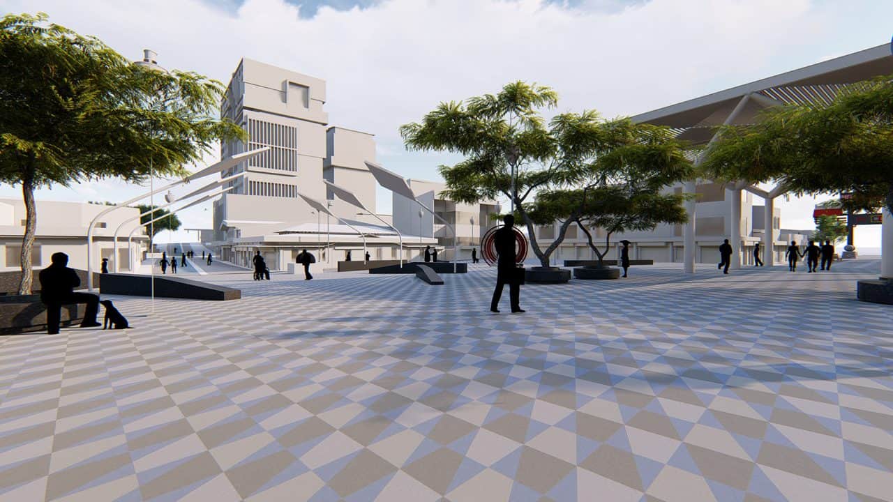 Vista de la Plaza de las Artes en San José con bancas, árboles y cubierta urbana.