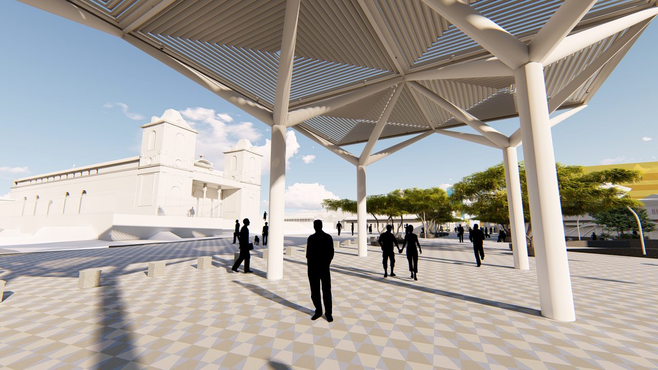 Vista de la Plaza de las Artes en San José con bancas, árboles y cubierta urbana.