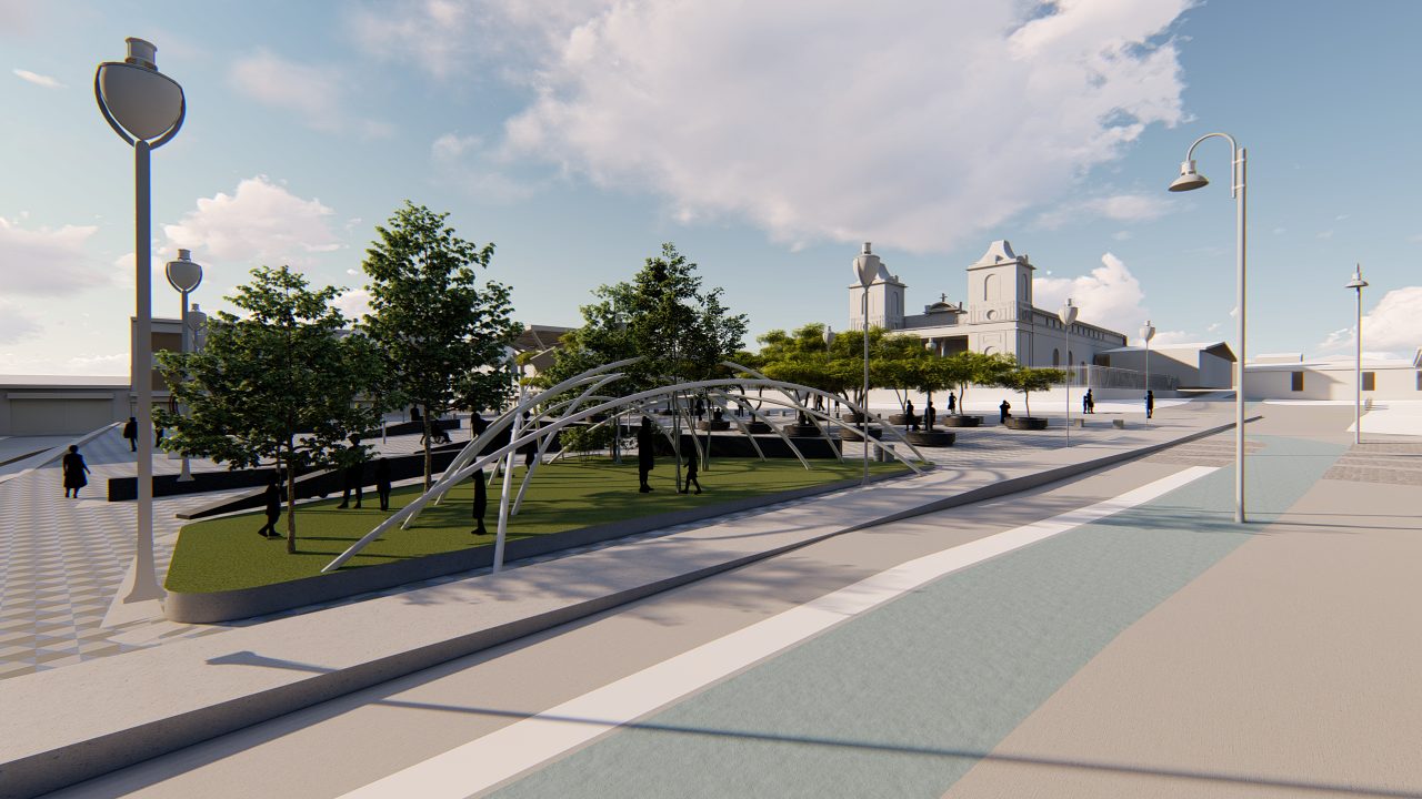 Vista de la Plaza de las Artes en San José con bancas, árboles y cubierta urbana.