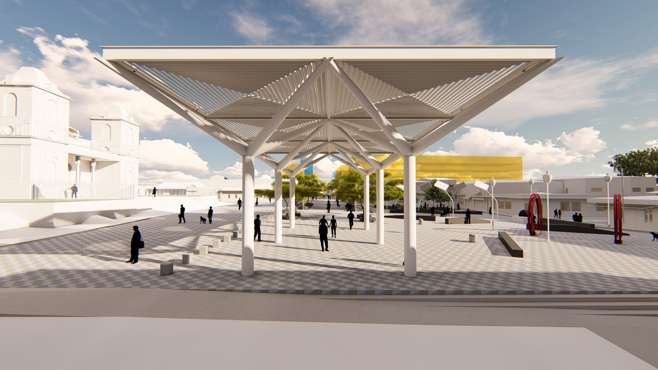 Vista de la Plaza de las Artes en San José con bancas, árboles y cubierta urbana.