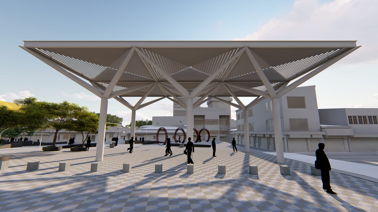Vista de la Plaza de las Artes en San José con bancas, árboles y cubierta urbana.