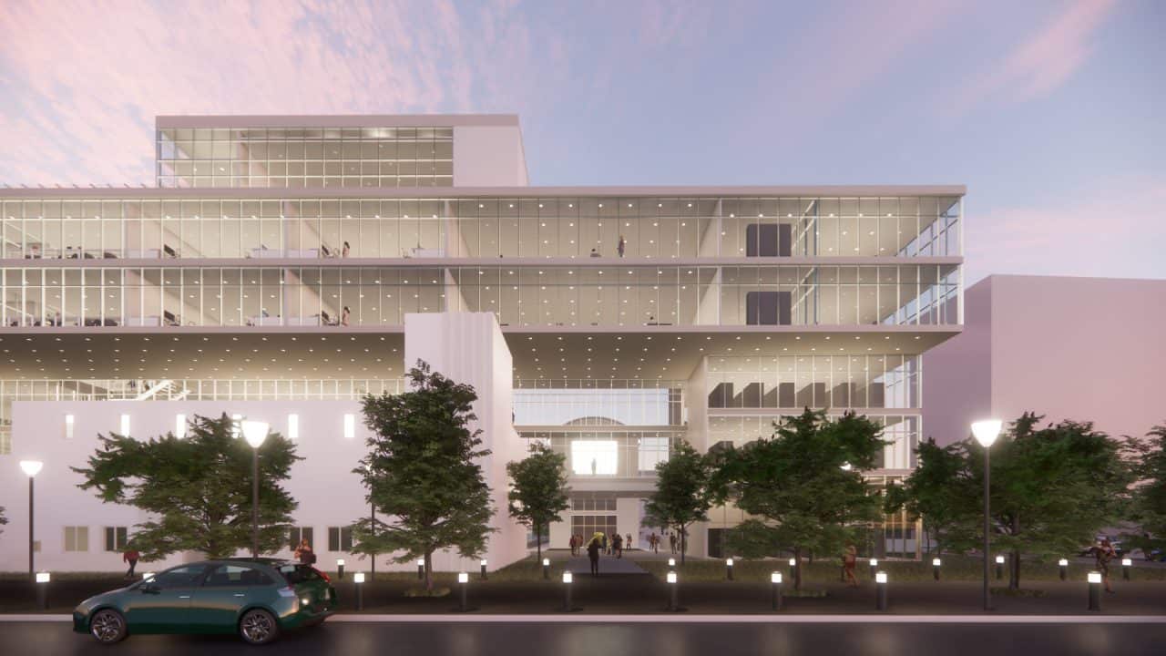 Vista del nuevo Edificio Municipal de Talca, con galería abierta, terraza pública y arquitectura integrada al paisaje urbano.