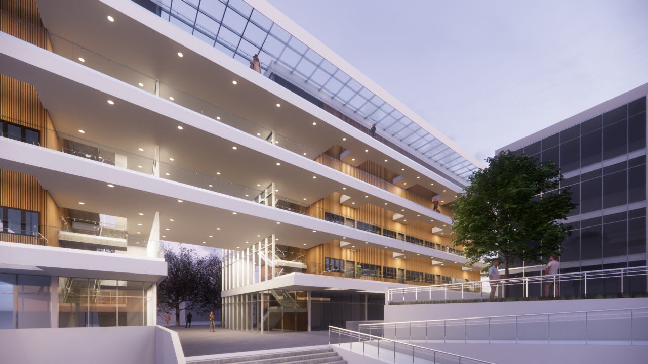 Vista del Edificio de Viviendas en Talca integrado al Centro C&iacute;vico, con espacios abiertos y arquitectura sostenible.