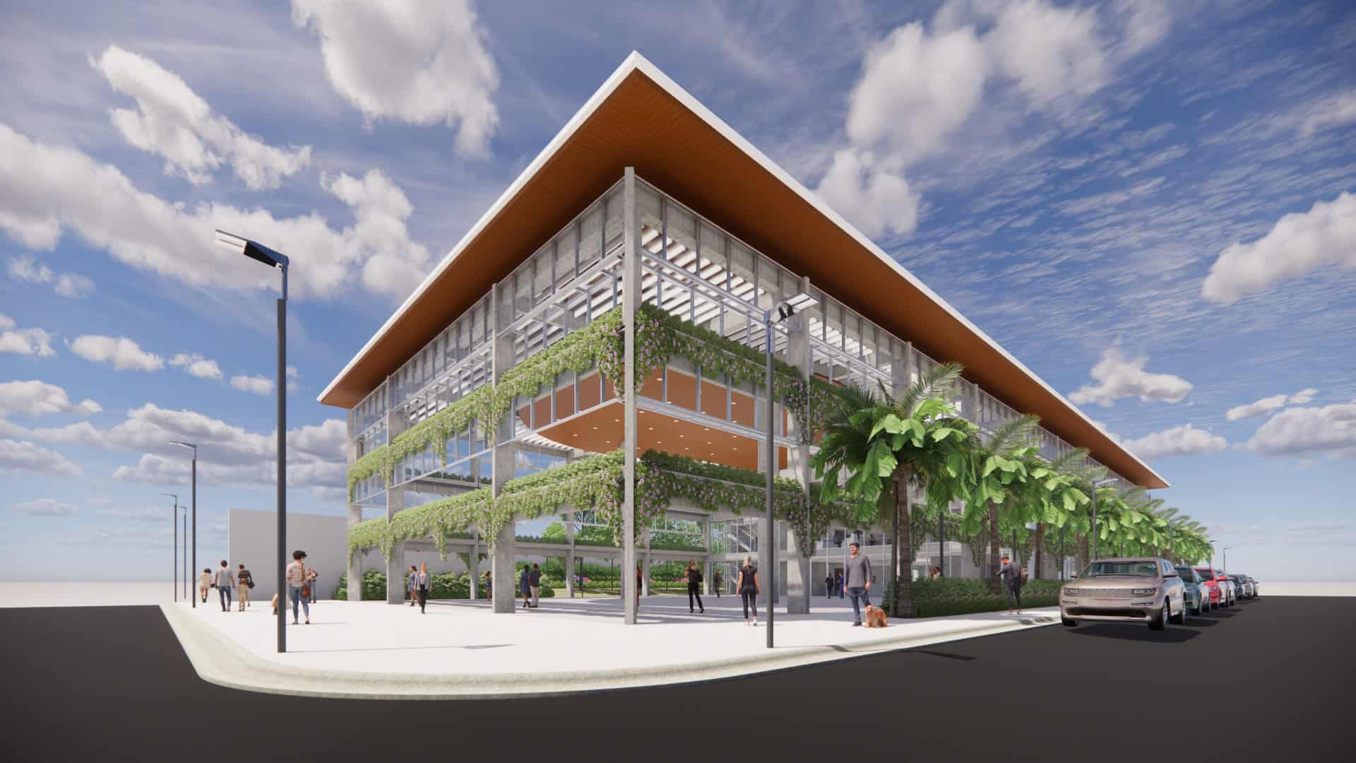 Vista de la Municipalidad de Pococí con plaza techada, oficinas y Concejo Municipal elevado en Guápiles.