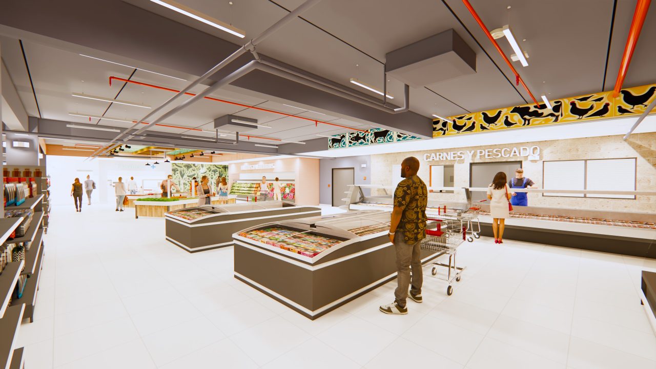 Vista interior del supermercado en San José con diseño funcional y sostenible.