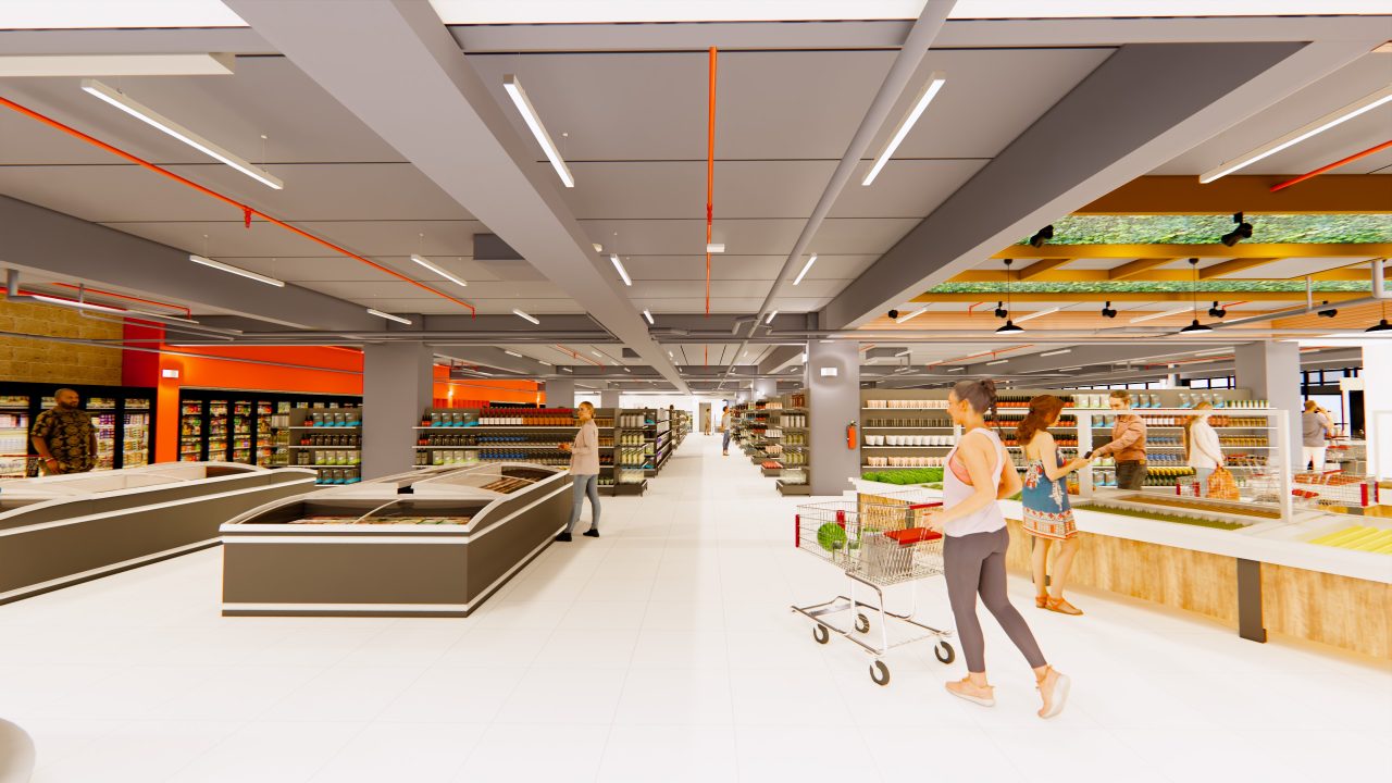 Vista interior del supermercado en San José con diseño funcional y sostenible.
