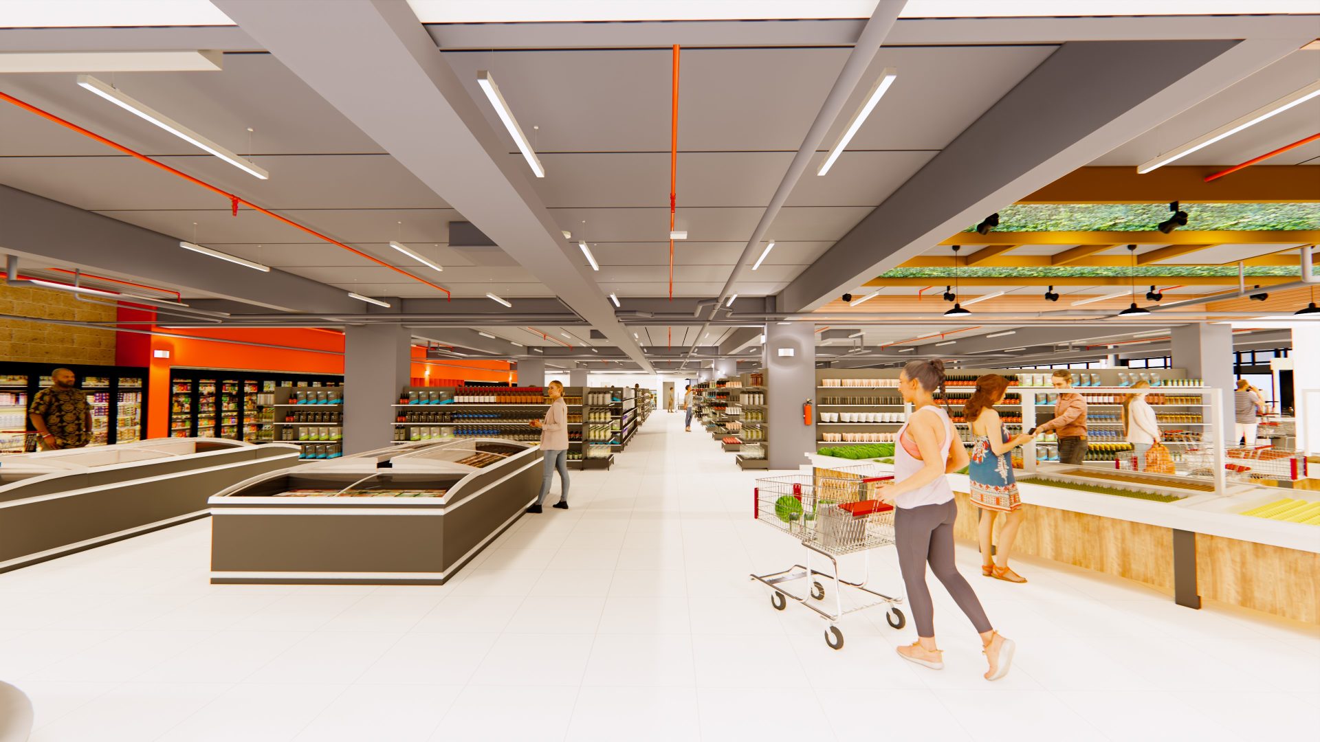 Vista interior del supermercado en San José con diseño funcional y sostenible.