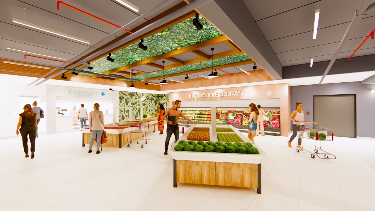 Vista interior del supermercado en San José con diseño funcional y sostenible.