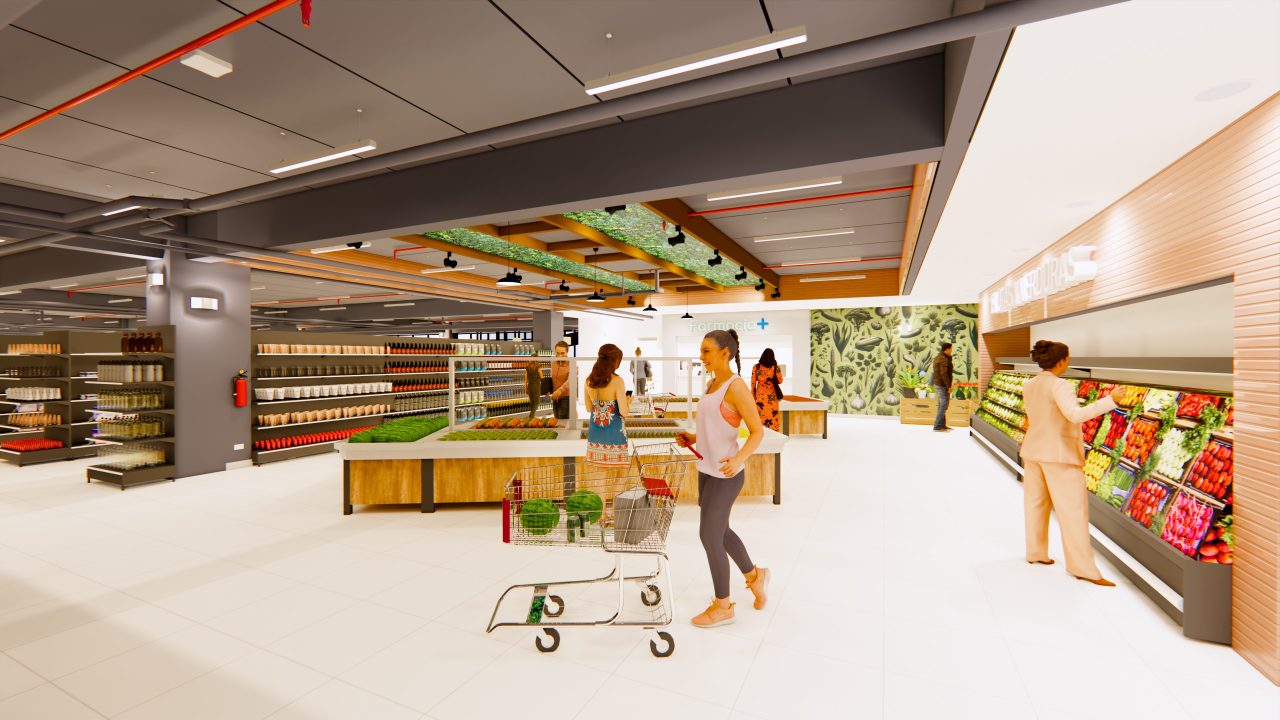 Vista interior del supermercado en San José con diseño funcional y sostenible.