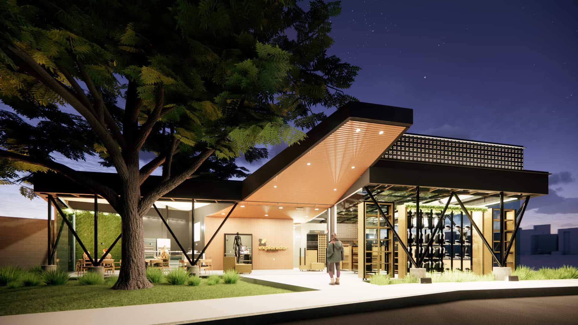 Tienda institucional con techo en forma de llama y cafetería junto a un árbol integrado al diseño.