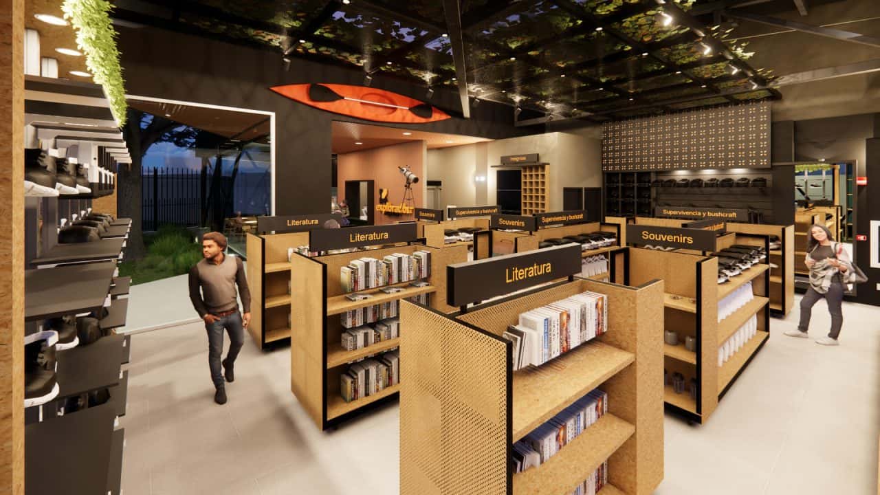 Tienda institucional con techo en forma de llama y cafetería junto a un árbol integrado al diseño.