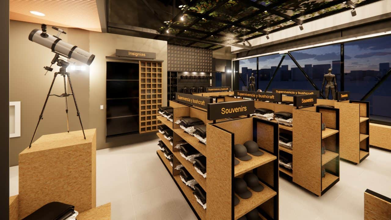 Tienda institucional con techo en forma de llama y cafetería junto a un árbol integrado al diseño.