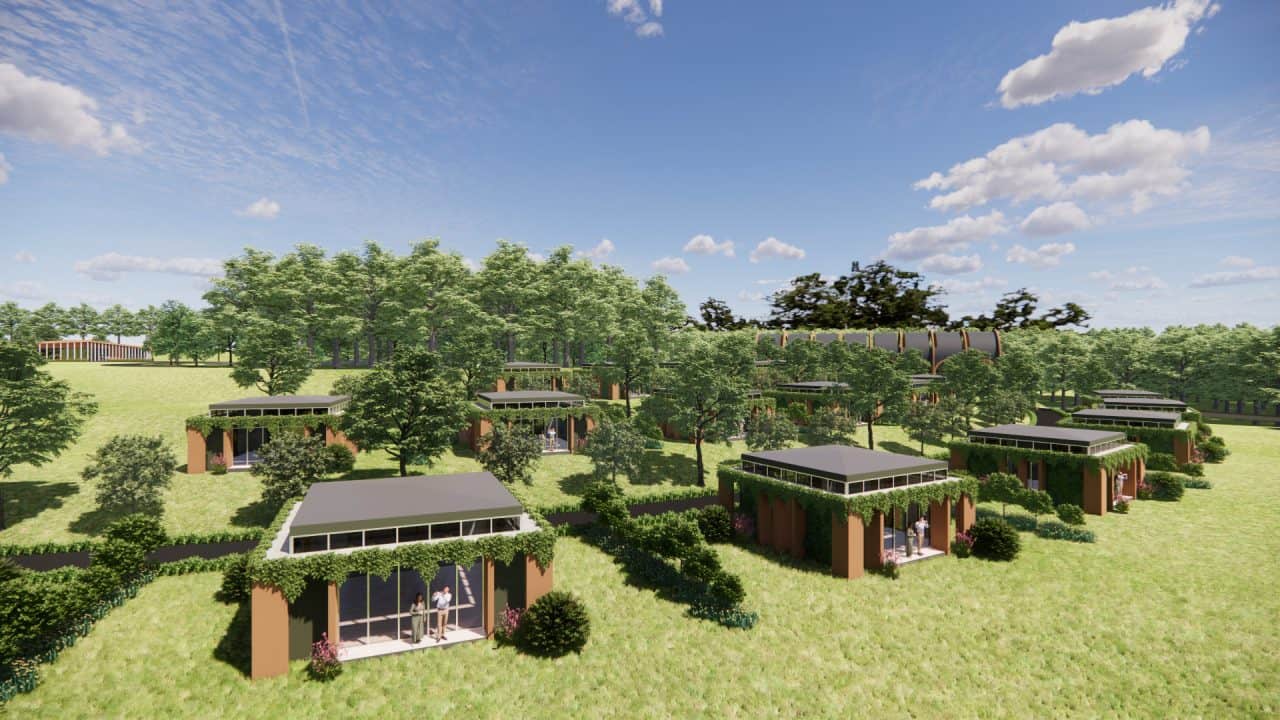 “Conjunto turístico en Sarapiquí integrado al paisaje natural con hotel, capilla, canopy y lago.”