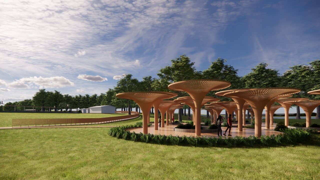 “Conjunto turístico en Sarapiquí integrado al paisaje natural con hotel, capilla, canopy y lago.”