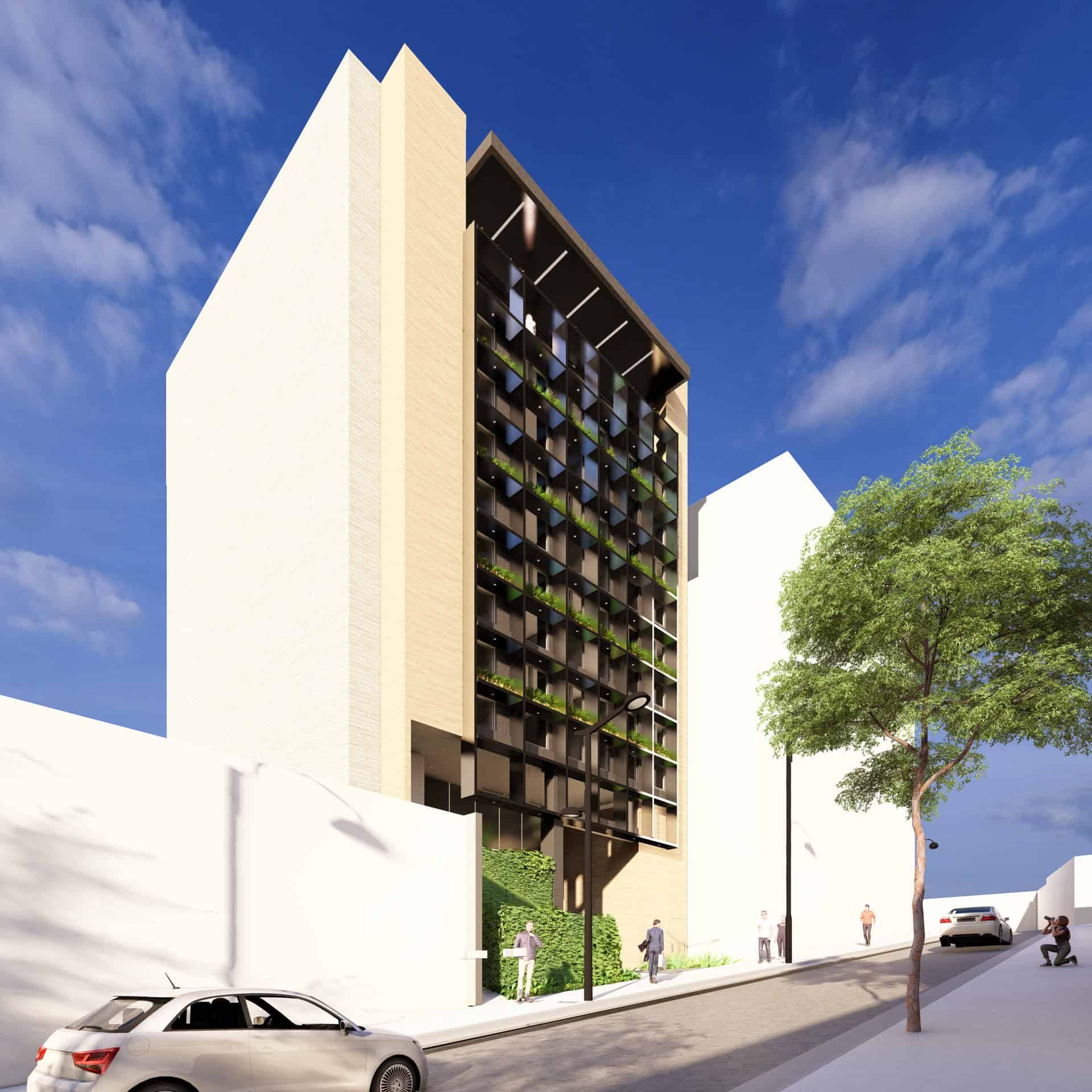 Iluminación nocturna del acceso principal de Torres en Barrio Amón