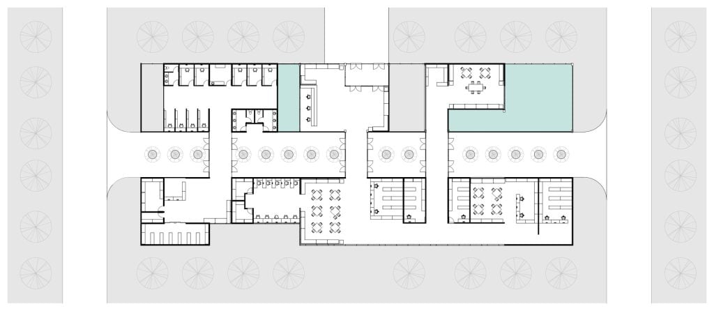 Biblioteca Leo Falicov, level 1 floor plan, reading rooms, courtyards and services