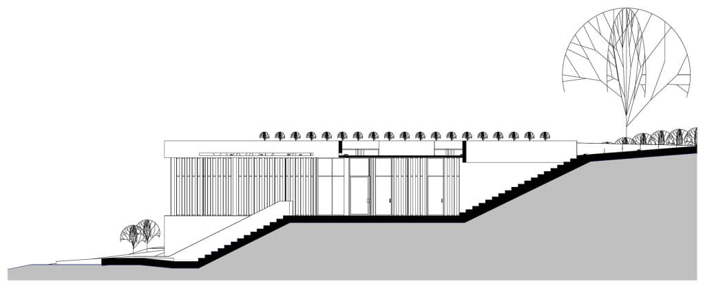 Centro de Desarrollo Humano Pulmón Verde, corte transversal, edificio escalonado sobre la pendiente