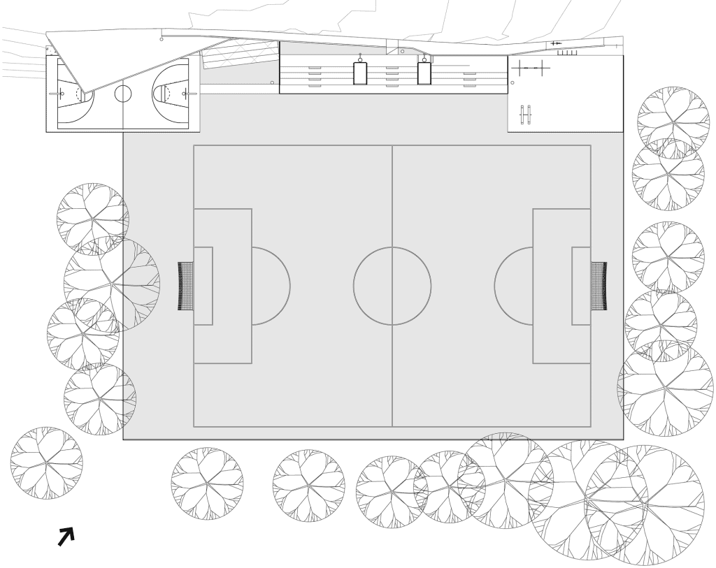 Cancha La Flor, planta, cancha de fútbol, graderías y borde arbolado