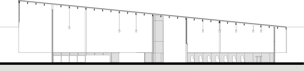 Capilla de Velación en Santa Rosa, corte longitudinal, cubierta inclinada sobre las salas