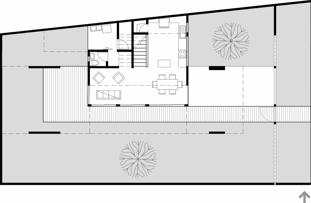 Casa González Murillo, planta del nivel 1, estar, comedor, cocina y jardín