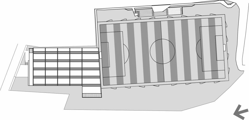 Centro Comunitario El Tirrá, site plan, covered multipurpose court, soccer field and service volume