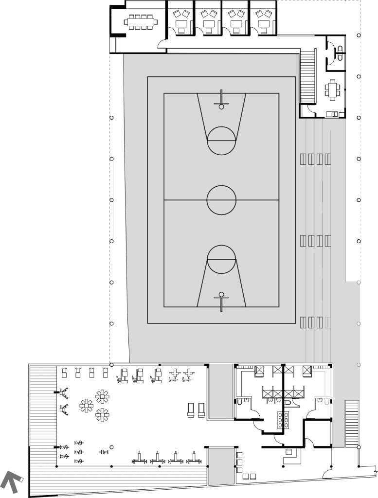 Centro Comunitario El Tirrá, gym plan, multipurpose court, bleachers and locker rooms