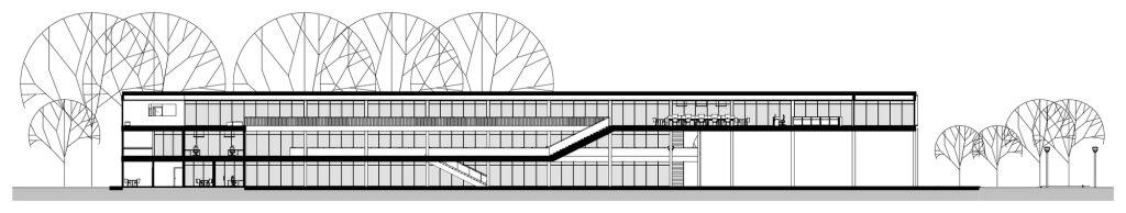 Colegio de Santiago, longitudinal section, three levels of classrooms and amphitheater connecting the floors