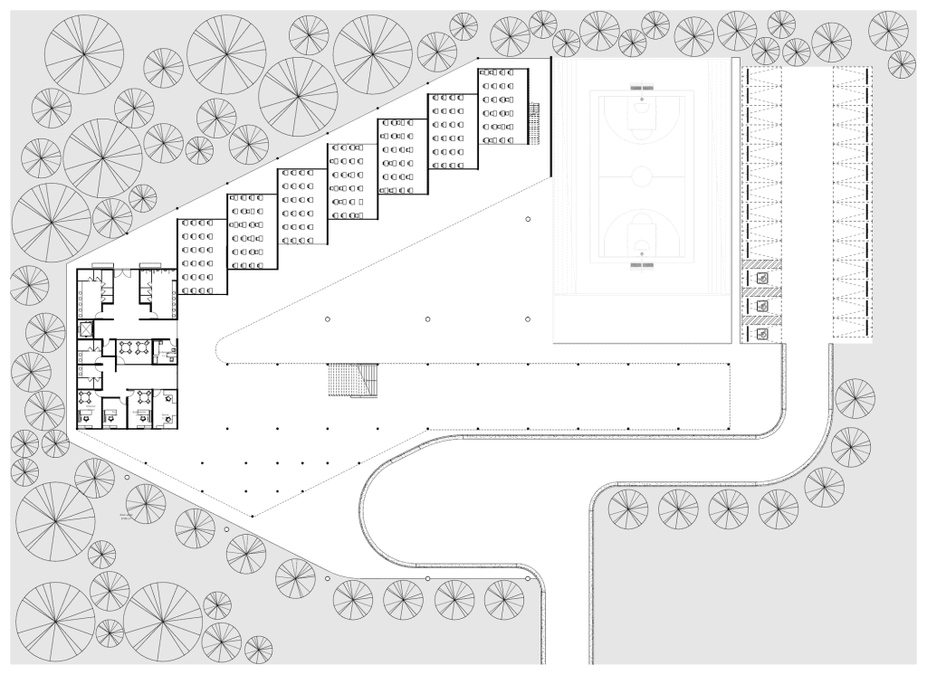 Colegio de Santiago, level 1 floor plan, classroom volume next to the forest, administrative volume and entrance plaza