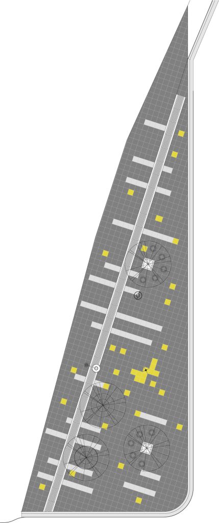 Microplaza La Primavera, plan, bandes de revêtement, bancs et éclairage sur la parcelle allongée