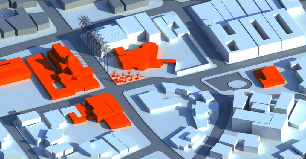 Microplaza Santa Teresita, isométrico, la plaza y los edificios públicos vecinos en el barrio
