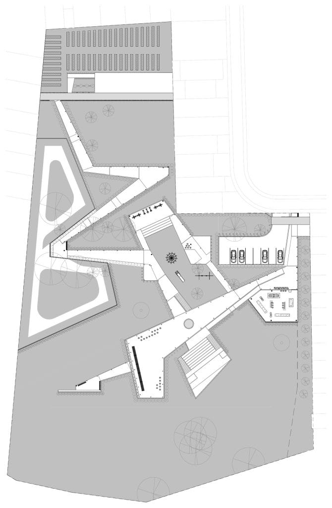 Parque Pulmón Verde, general plan, zigzag trails, plazas and the CDH building on the hillside
