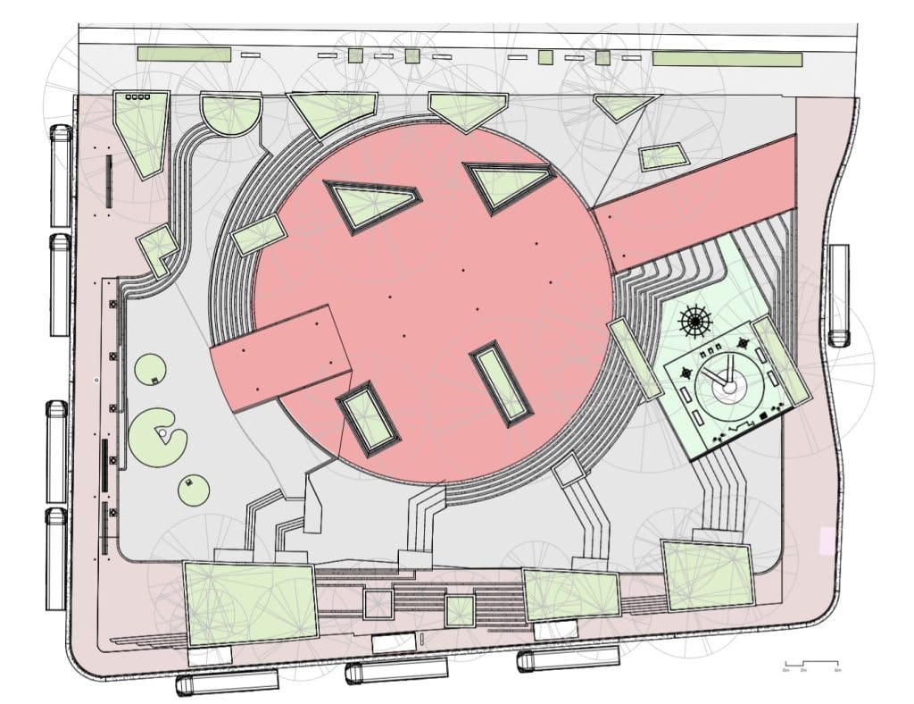 Plaza de las Garantías Sociales, plan d'aménagement, place circulaire avec gradins, jardins, emplacement pour bus et arbres du quartier