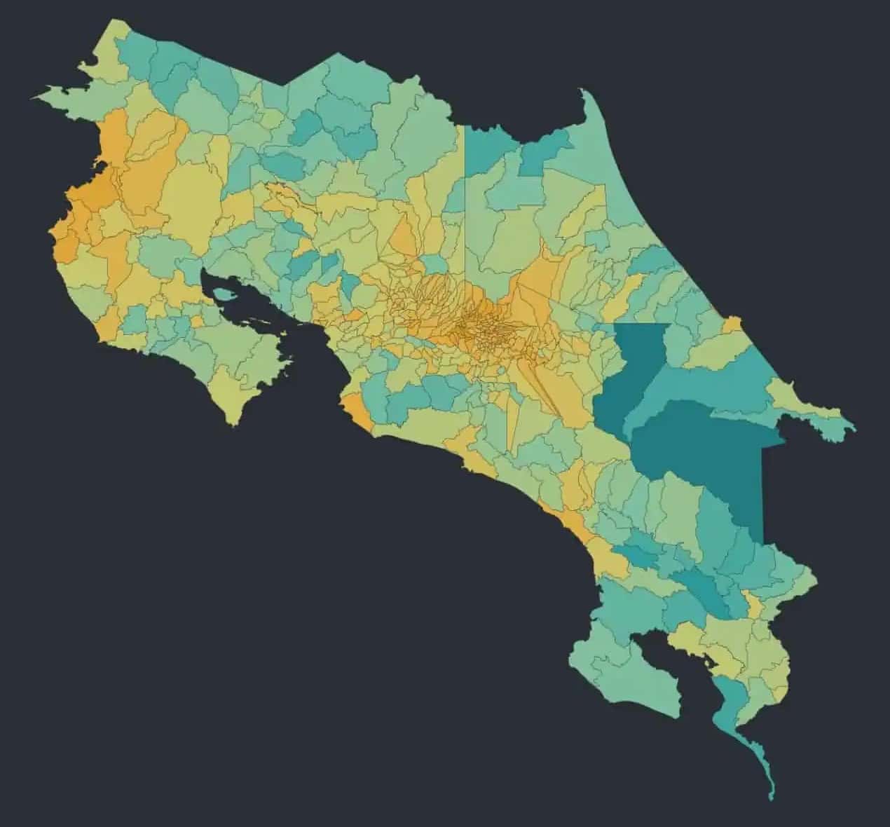 Map of Costa Rica showing the land value index by district, from forming in teal to high value in gold
