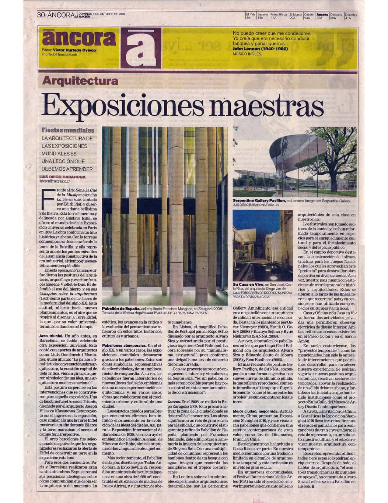 Publicación original de Exposiciones maestras en La Nación, suplemento Áncora, 2009