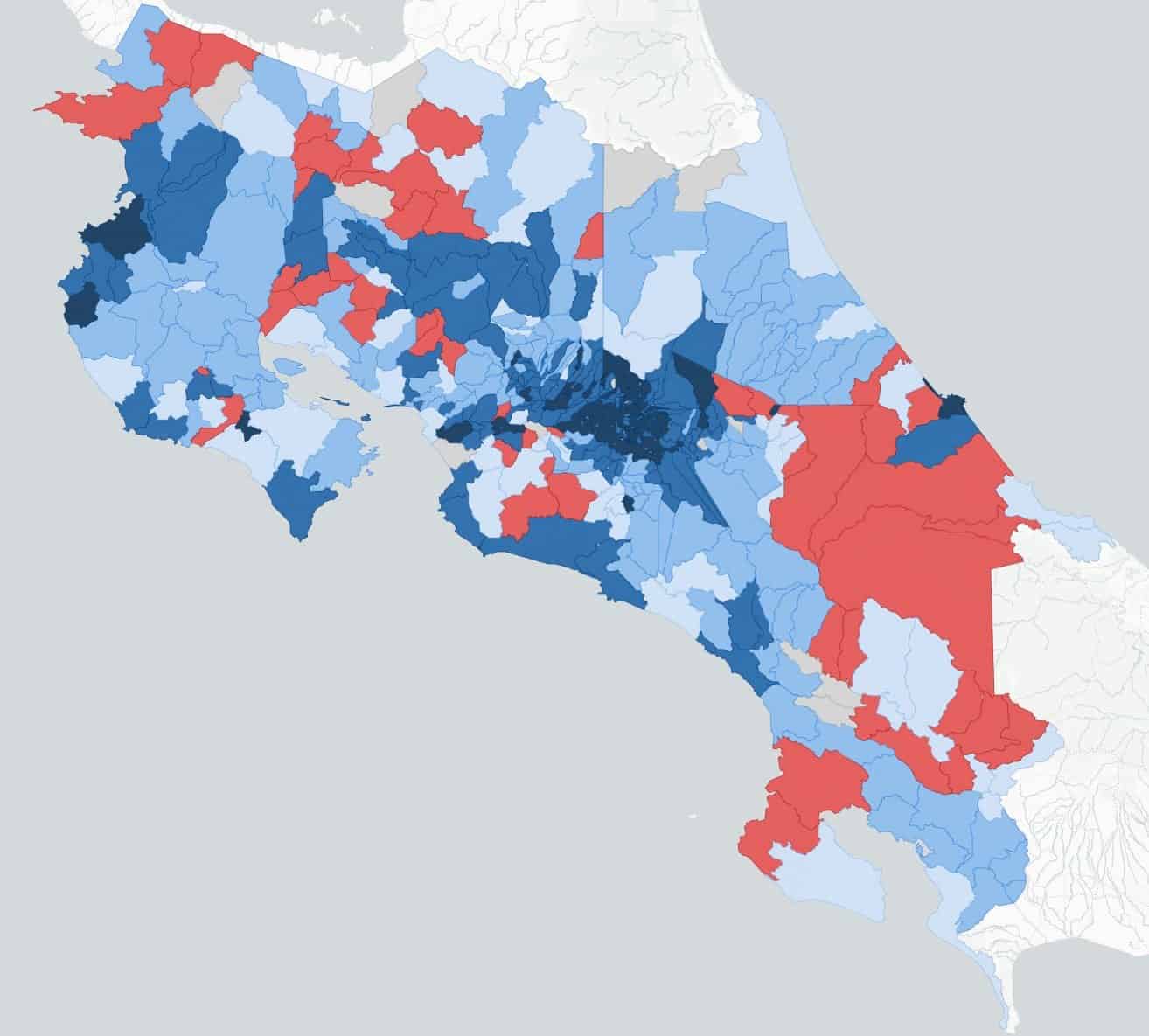 Map of Costa Rica showing internet download speed by district, with the slowest districts on the borders and in the south