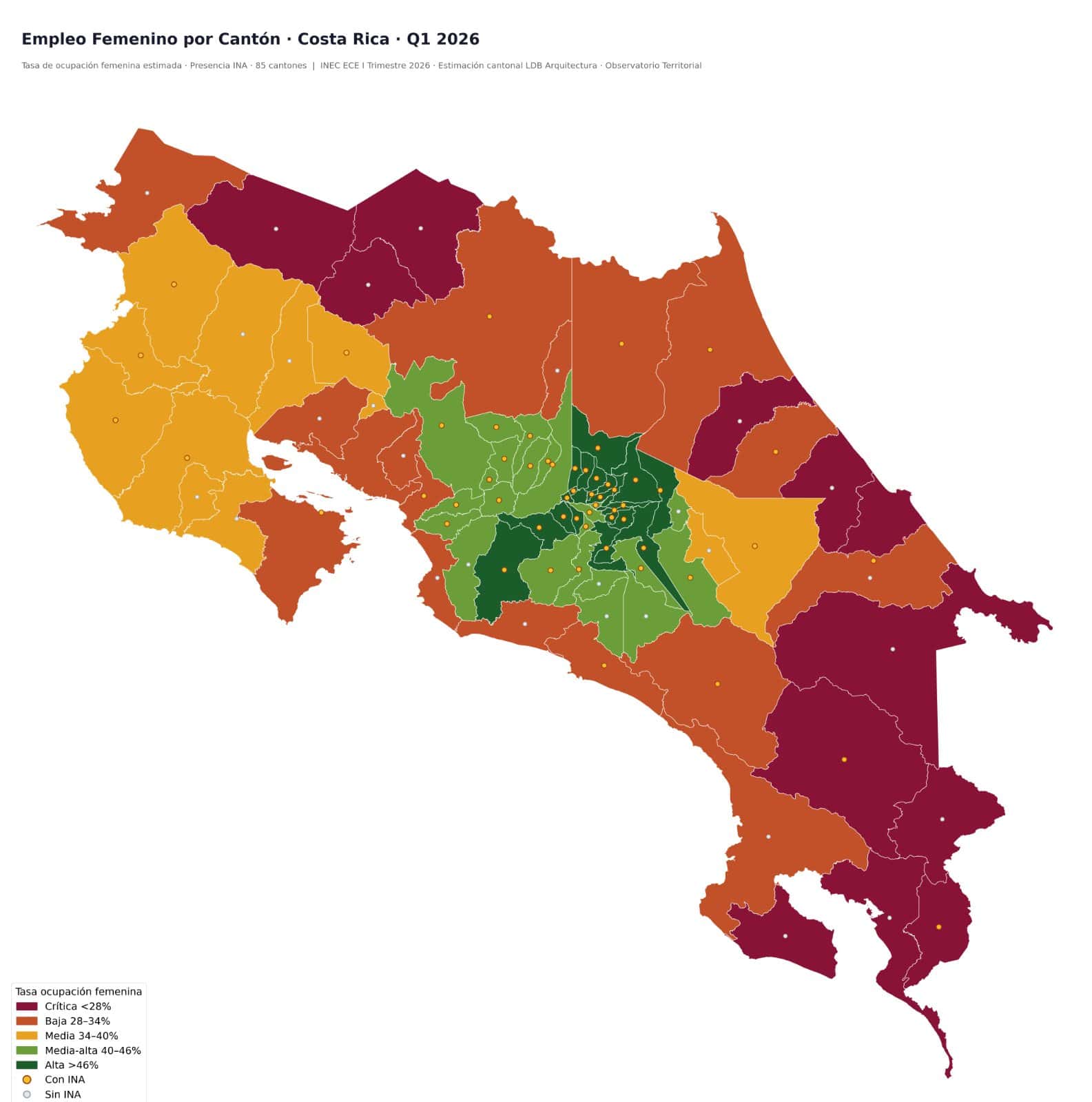 Map of Costa Rica showing the estimated employment rate of women by canton in five bands