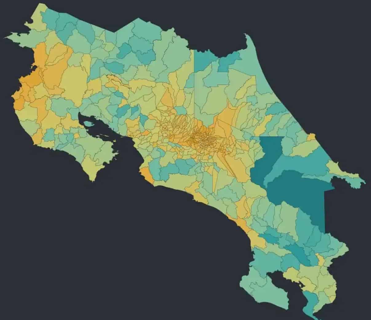 Mapa del valor de suelo por distrito en Costa Rica