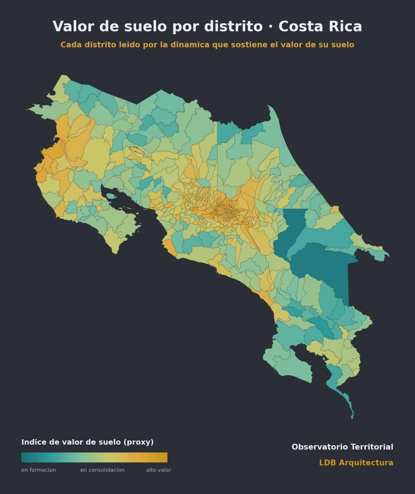 Map of Costa Rica showing the land value index for each of the 492 districts, from forming to high value