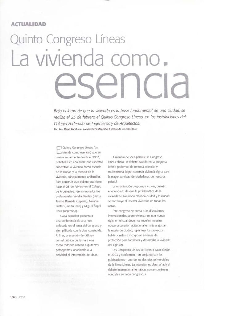 Publicación original de «La vivienda como esencia. Quinto Congreso Líneas» en Revista Su Casa, 2008